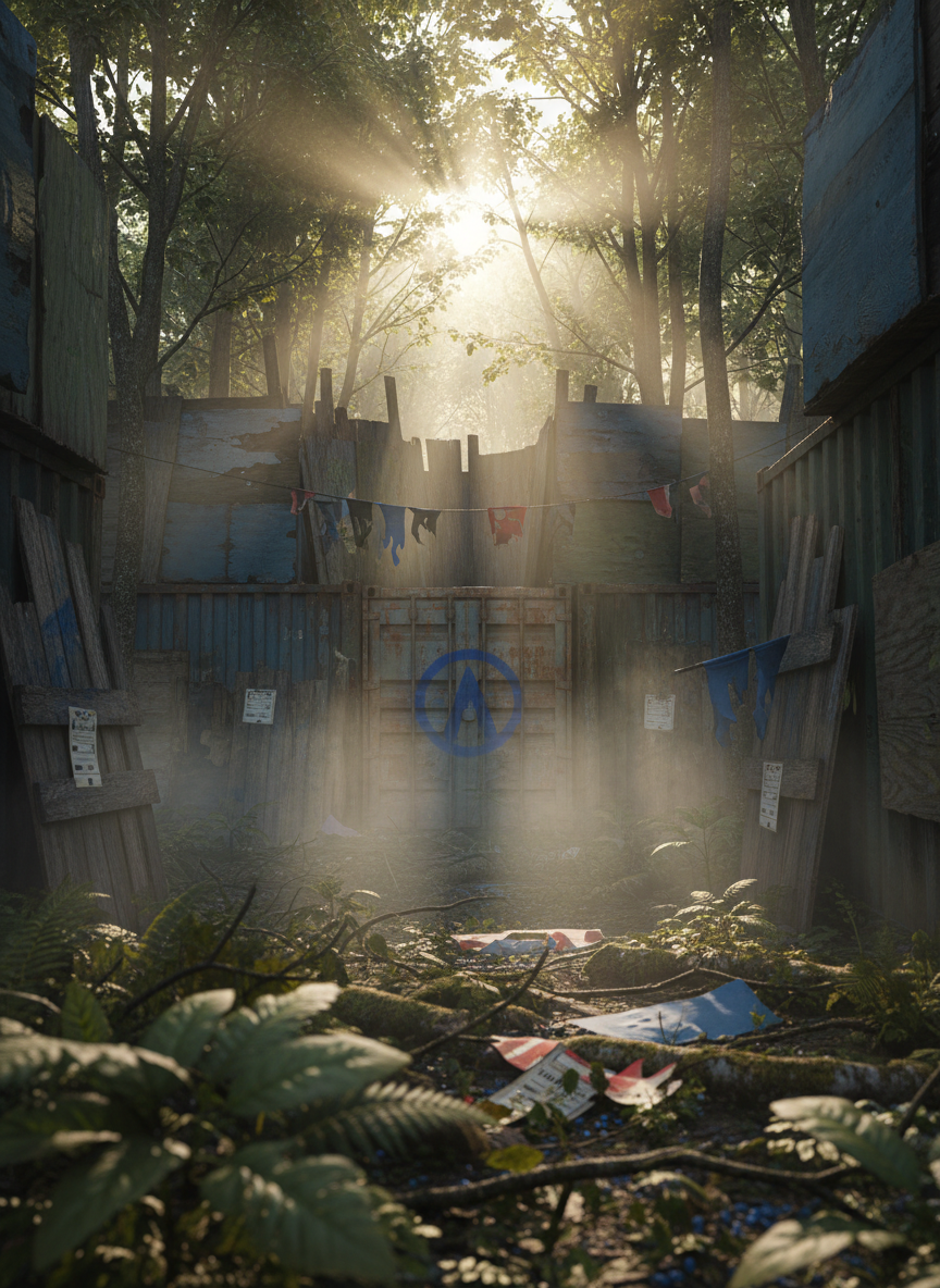 A dense, overgrown woodland killhouse composed of makeshift plywood structures, rusted shipping containers, and nailed-together barricades, all painted in muted blues and grays with a prominent blue circle emblem sprayed on a central container door. Fog lingers low to the forest floor, curling around spent BBs, torn objective cards, and scattered blue and red team flags. Late-afternoon golden light slices through the canopy, creating luminous shafts that illuminate swirling mist and cast complex shadows across the structures. Photographic realism from a low, forward-facing angle emphasizes depth, with foreground foliage in soft focus and the central emblem razor sharp. The mood is tense and cinematic, embodying a gritty Tarkov-style extraction zone.