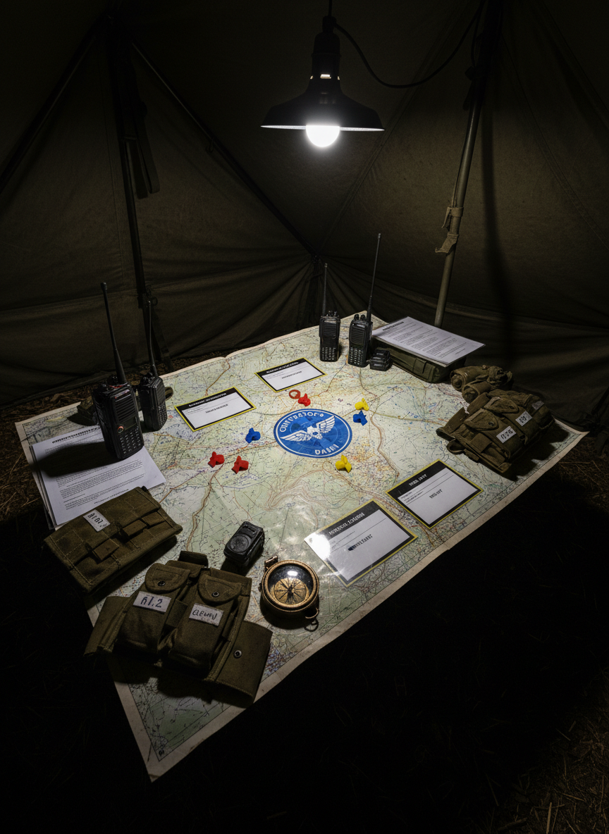 A detailed tactical operations table inside a dim command tent, dominated by a large, creased topographic map covered in color-coded markers, laminated objective cards, and a blue circular mission patch in the center. Around the map sit rugged radios, a scratched metal compass, labeled mag pouches, and printed rules for a Tarkov-style airsoft event. Harsh, directional light from a single hanging field lamp creates hard-edged shadows and strong contrasts, highlighting textures of canvas walls and frayed nylon gear. Shot from a slightly elevated, wide-angle photographic perspective with sharp focus throughout, the atmosphere feels intense, strategic, and immersive, capturing the planning phase of a bold, narrative-driven battlesim.