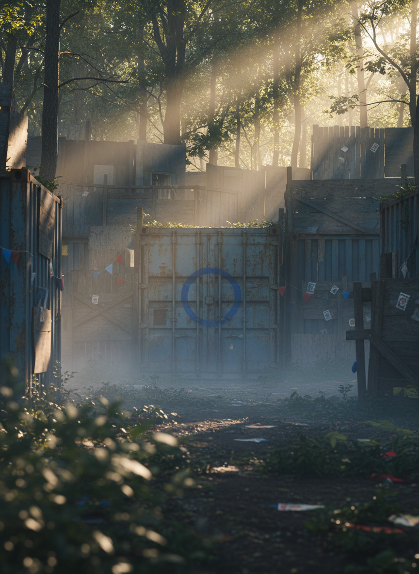 A dense, overgrown woodland killhouse composed of makeshift plywood structures, rusted shipping containers, and nailed-together barricades, all painted in muted blues and grays with a prominent blue circle emblem sprayed on a central container door. Fog lingers low to the forest floor, curling around spent BBs, torn objective cards, and scattered blue and red team flags. Late-afternoon golden light slices through the canopy, creating luminous shafts that illuminate swirling mist and cast complex shadows across the structures. Photographic realism from a low, forward-facing angle emphasizes depth, with foreground foliage in soft focus and the central emblem razor sharp. The mood is tense and cinematic, embodying a gritty Tarkov-style extraction zone.