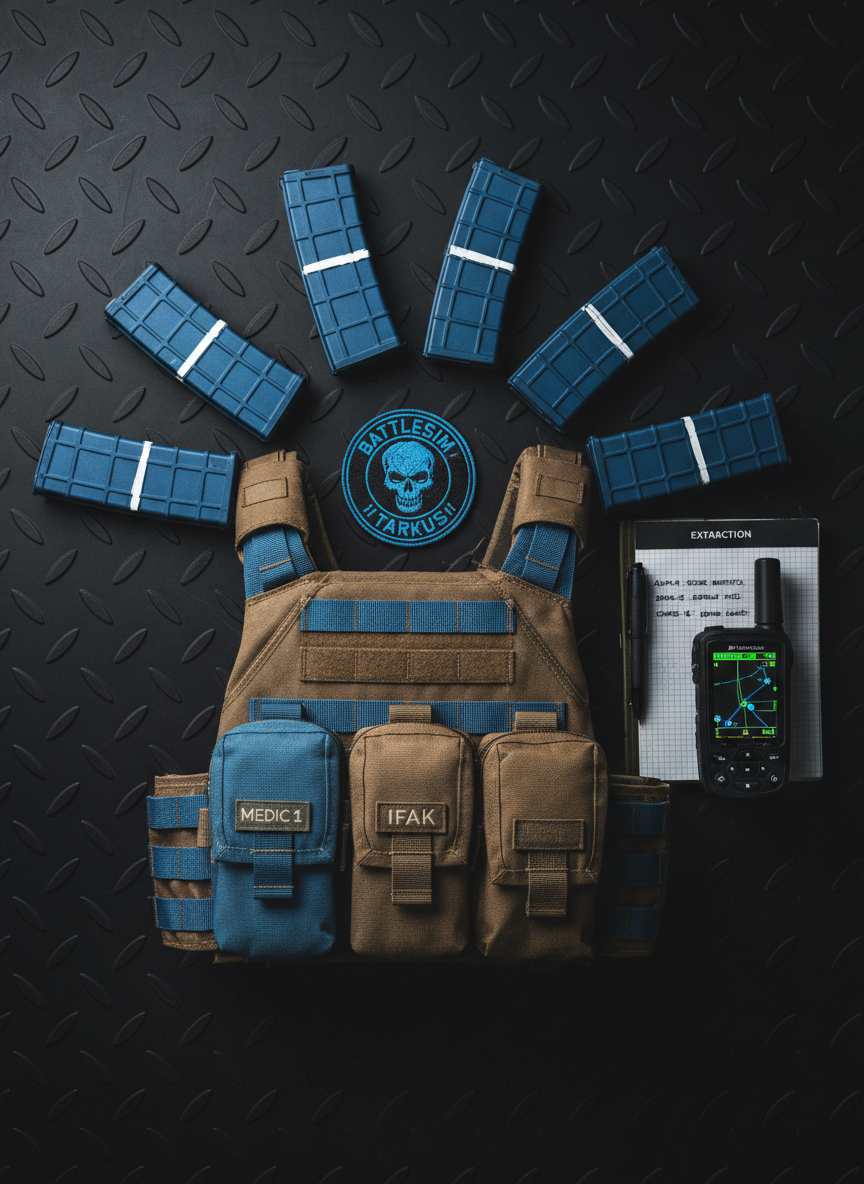 A close-up overhead view of a meticulously organized airsoft loadout laid on a dark, textured rubber mat, centered around a blue-circled battlesim event patch. Surrounding it are color-matched mid-cap magazines, a weathered plate carrier with blue accent webbing, labeled med pouches, a rugged field notebook filled with handwritten objectives, and a GPS unit displaying a segmented extraction route. Cool, directional studio lighting from one side creates crisp reflections on polymer surfaces and deep shadows in fabric folds. Shot in photographic realism with a top-down, flat-lay composition and sharp focus, the mood is bold, methodical, and mission-focused, perfectly suited to promoting hardcore Tarkov-style milsim events without showing any human presence.