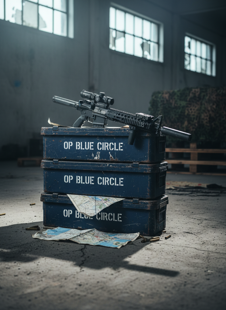 A weathered matte-black airsoft rifle resting across a stack of battered metal ammo crates painted in chipped navy blue, each stenciled with bold white "OP BLUE CIRCLE" markings. The scene sits in the corner of an abandoned warehouse with cracked concrete floors, scattered shell casings, and torn mission maps spread beneath the weapon. Cool, diffused overcast light pours through broken high windows, carving sharp highlights along the rifle’s rails and optics while casting long, dramatic shadows. Captured in photographic realism from a low, three-quarter angle with a shallow depth of field that blurs distant pallets and netting, the mood is bold, tactical, and cinematic, evoking a high-stakes Tarkov-style milsim event staging area.