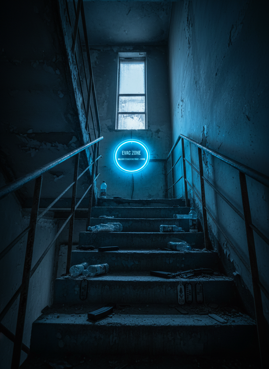An interior of a dark, abandoned industrial stairwell serving as an airsoft extraction point, with cracked concrete steps, rusted railings, and peeling blue-gray paint. A glowing blue circular LED panel is mounted on the wall at the landing, labeled as the designated evac zone for a milsim event. Spent magazines, empty BB bottles, and laminated dog tags are scattered across the steps. A single high window leaks in cold, bluish evening light, while the panel casts an eerie neon glow, mixing to form dramatic, high-contrast highlights and deep shadows. Captured in photographic realism from a low-angle upward shot, the composition feels claustrophobic, bold, and high-stakes, reminiscent of a Tarkov-style last stand.