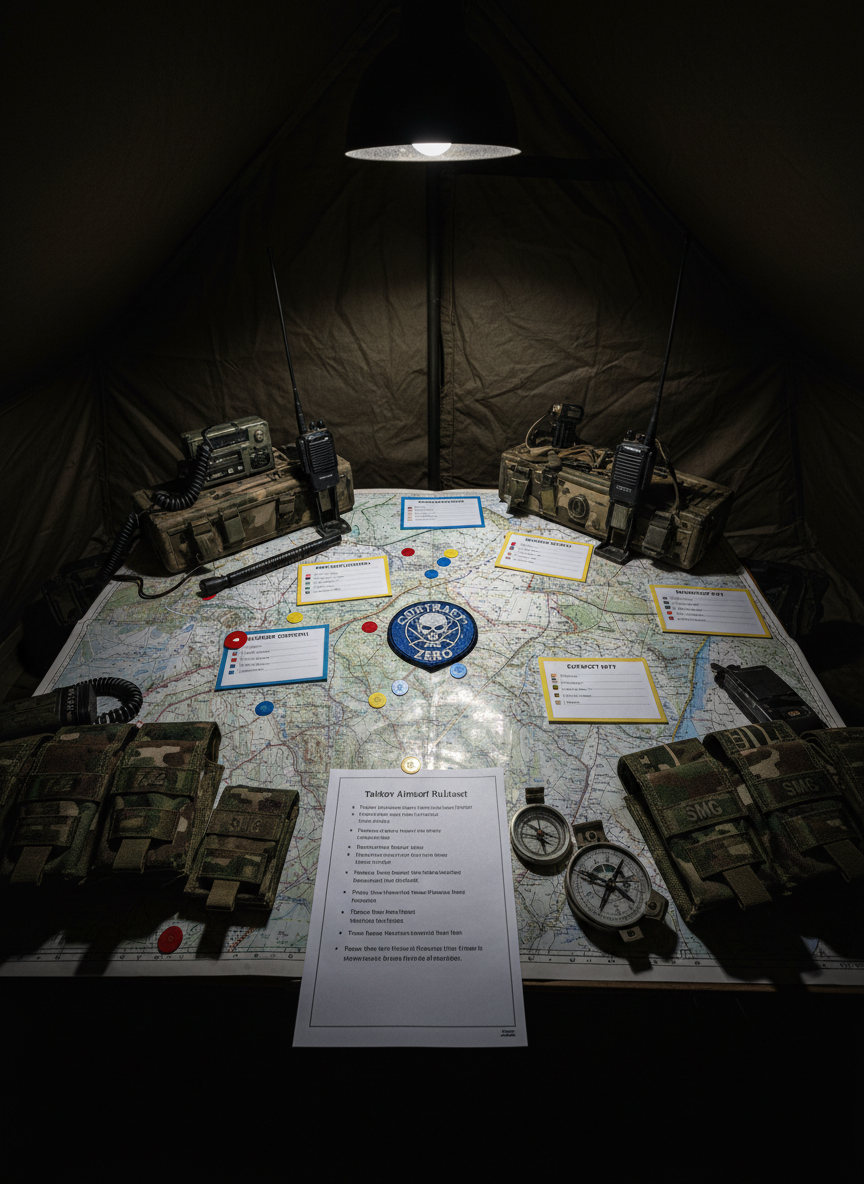 A detailed tactical operations table inside a dim command tent, dominated by a large, creased topographic map covered in color-coded markers, laminated objective cards, and a blue circular mission patch in the center. Around the map sit rugged radios, a scratched metal compass, labeled mag pouches, and printed rules for a Tarkov-style airsoft event. Harsh, directional light from a single hanging field lamp creates hard-edged shadows and strong contrasts, highlighting textures of canvas walls and frayed nylon gear. Shot from a slightly elevated, wide-angle photographic perspective with sharp focus throughout, the atmosphere feels intense, strategic, and immersive, capturing the planning phase of a bold, narrative-driven battlesim.