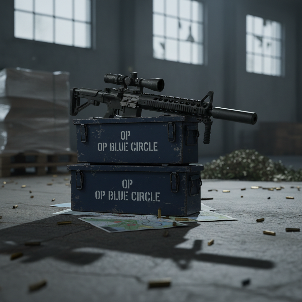 A weathered matte-black airsoft rifle resting across a stack of battered metal ammo crates painted in chipped navy blue, each stenciled with bold white "OP BLUE CIRCLE" markings. The scene sits in the corner of an abandoned warehouse with cracked concrete floors, scattered shell casings, and torn mission maps spread beneath the weapon. Cool, diffused overcast light pours through broken high windows, carving sharp highlights along the rifle’s rails and optics while casting long, dramatic shadows. Captured in photographic realism from a low, three-quarter angle with a shallow depth of field that blurs distant pallets and netting, the mood is bold, tactical, and cinematic, evoking a high-stakes Tarkov-style milsim event staging area.